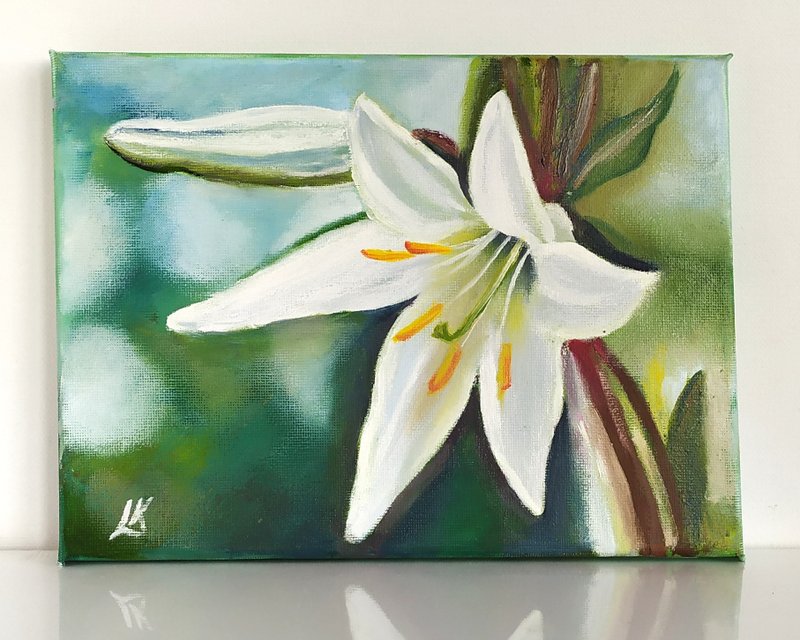 Flower Lily Oil Painting on Canvas White Lily Painting Mini Art White Flower Art - โปสเตอร์ - ผ้าฝ้าย/ผ้าลินิน 