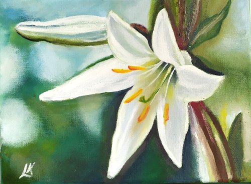キャンバスに描かれた花のユリの油絵 白いユリの絵画 ミニアート キャンバスに描かれた花のユリの油絵 白いユリの絵画 ミニアート