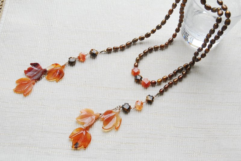 Carnelian Autumn Leaf Lariat - สร้อยคอ - เครื่องประดับพลอย สีส้ม