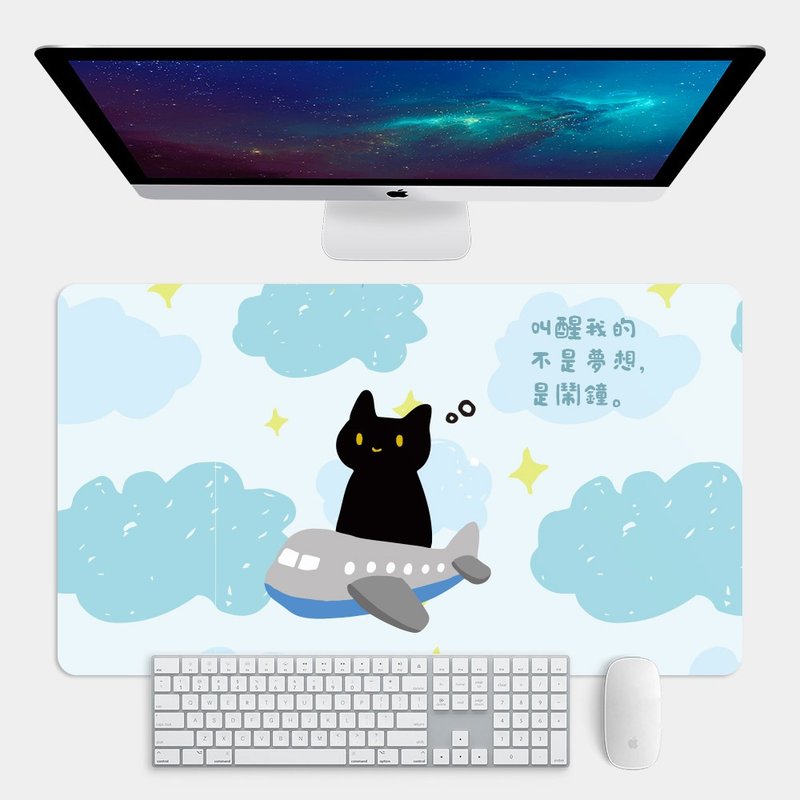 【可客製化文字】黑貓坐飛機 大尺寸 滑鼠墊 餐墊 辦公桌墊 PU082 - 滑鼠墊 - 橡膠 藍色