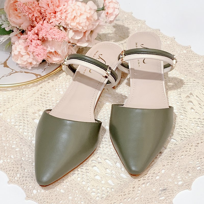 Low Heel Pointed Toe Two Wear Sandals - Autumn Green - High Heels - Genuine Leather 