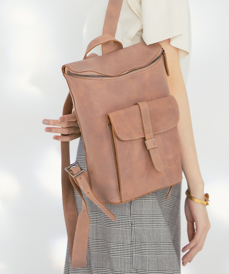 Open smile design leather straight post backpack dry wild rose - กระเป๋าเป้สะพายหลัง - หนังแท้ สึชมพู