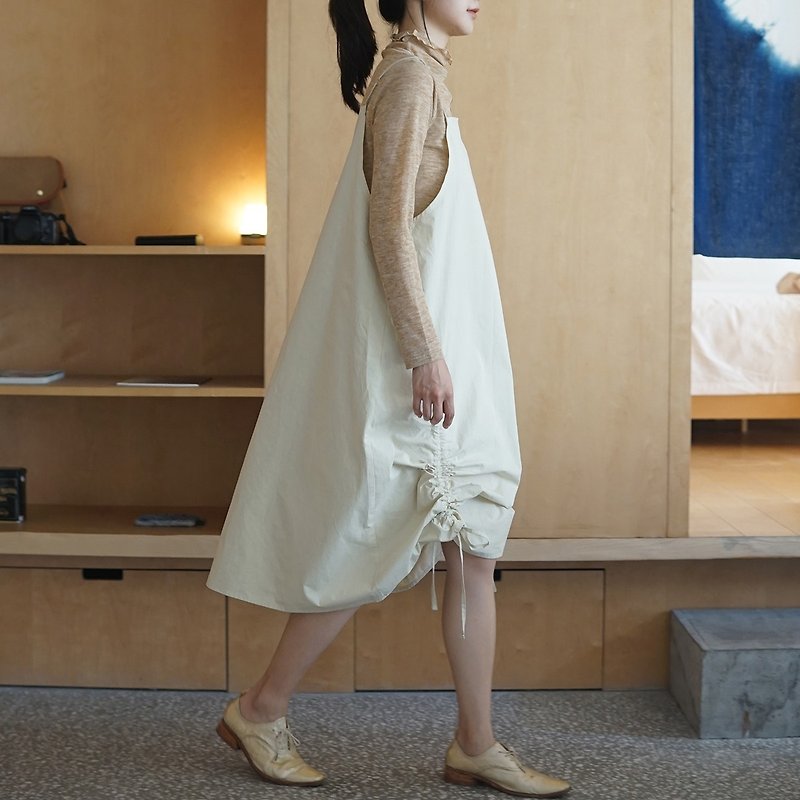 Drawstring high density cotton macarone beige skirt - One Piece Dresses - Cotton & Hemp Khaki