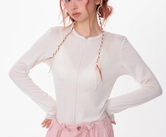 ziziFei spring and summer retro thin slim fit bow knitted bottoming shirt  semi-transparent long-sleeved top T-shirt for women - Shop ziziFei Women's  Tops - Pinkoi