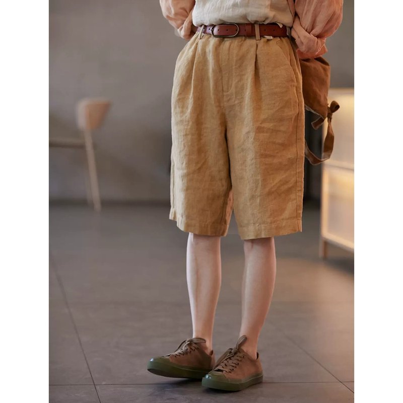 Yellow Linen Yarn-dyed Fabric Semi-Elastic Waist Boyfriend Style Cropped Pants - กางเกงขายาว - ผ้าฝ้าย/ผ้าลินิน 