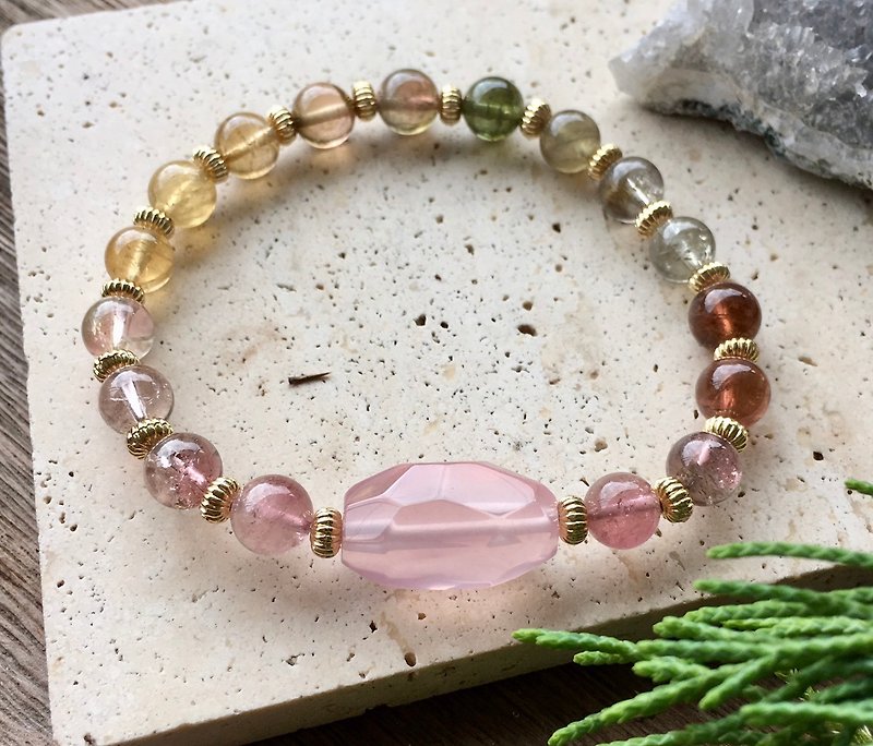 Dunhuang Tone Tourmaline Rose Quartz Bracelet/Mo Pink Main Stone - Bracelets - Gemstone Multicolor