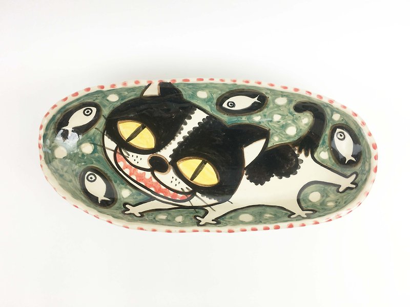 Nice Little Clay handmade six foot plate _ fish cute cat 0305-04 - จานเล็ก - ดินเผา สีเขียว