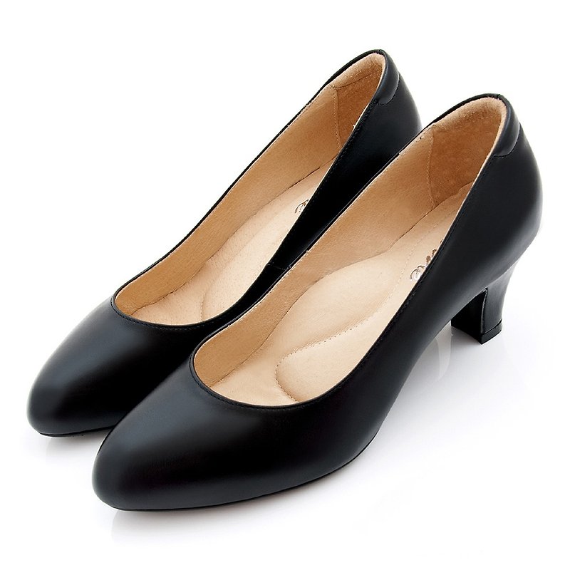 Black full leather plain micro-point high heels - รองเท้าส้นสูง - หนังแท้ สีดำ