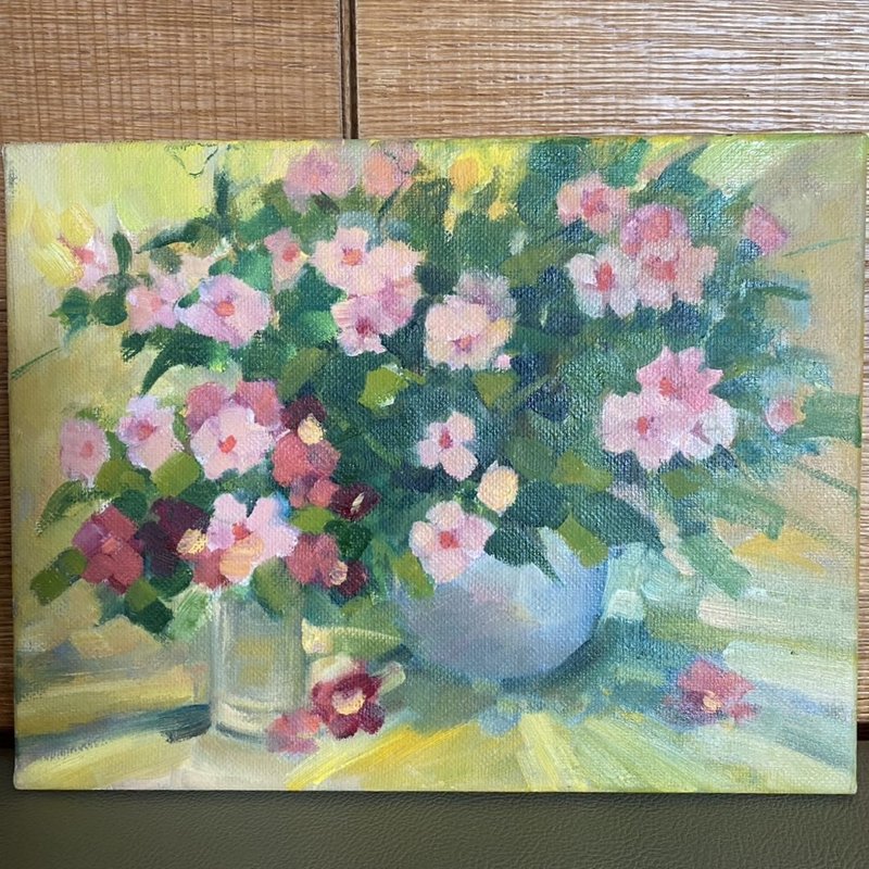 晨光花語 - 粉色花卉油畫 手繪原作 小品畫 - 海報/掛畫/掛布 - 棉．麻 