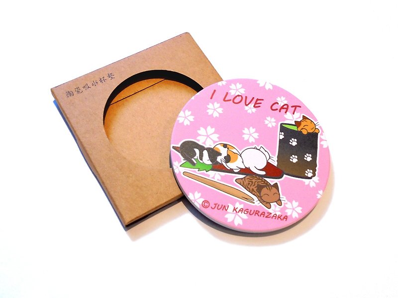 Cat Ceramic Water Coaster~Pink Sakura Mochi Cat - ที่รองแก้ว - ดินเผา สึชมพู