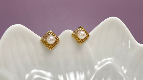 Athena珍珠設計 Akoya 天然海水珍珠 S925銀 鏤空 耳環