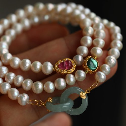 Angel's tears 天使之淚 Jewelry Design 6mm天然原色淡水珍珠 碧璽天然翡翠雙環設計多圈手串項鍊s