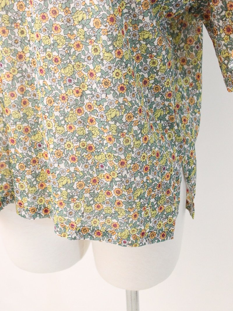 Retro Japanese Yellow Green Floral Floral Vintage Shirt Vintage Blouse - Women's Shirts - Polyester Green