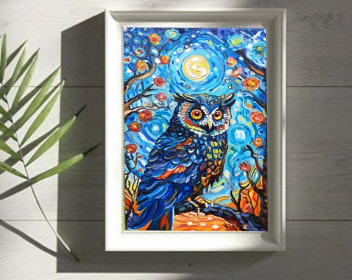 フクロウアート鳥カラフル オリジナルアート 油絵 キャンバスに油絵 30