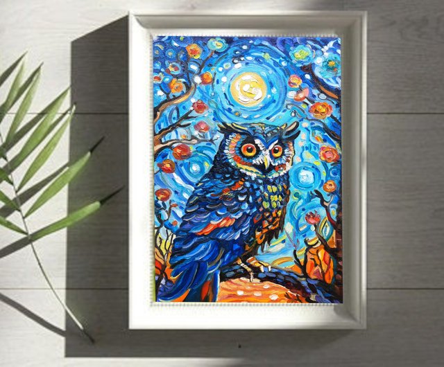 フクロウアート鳥カラフル オリジナルアート 油絵 キャンバスに油絵 30