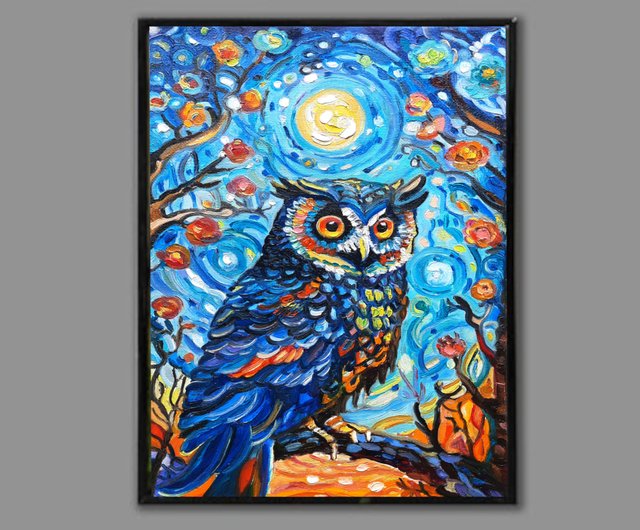 フクロウアート鳥カラフル オリジナルアート 油絵 キャンバスに油絵 30