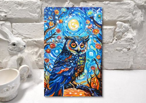 フクロウアート鳥カラフル オリジナルアート 油絵 キャンバスに油絵 30