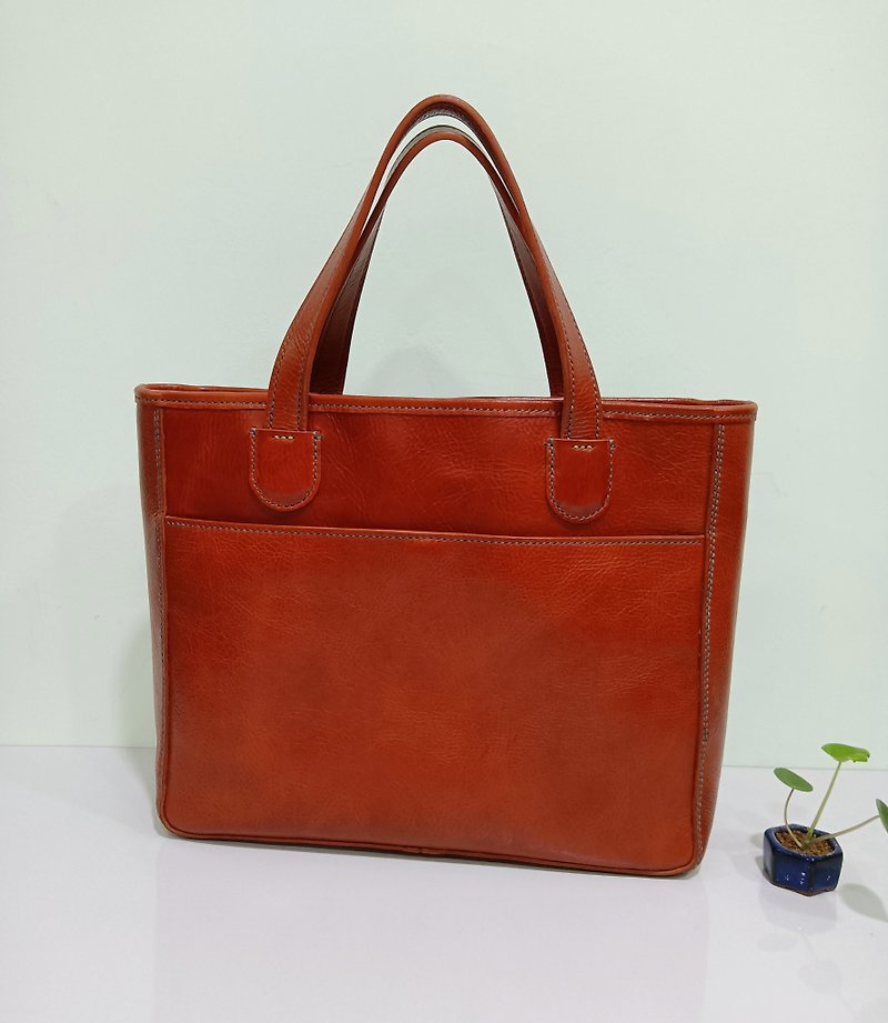 Designer's original brand blood orange red real cowhide kimono fabric portable shoulder bag tote bag - กระเป๋าเอกสาร - หนังแท้ 