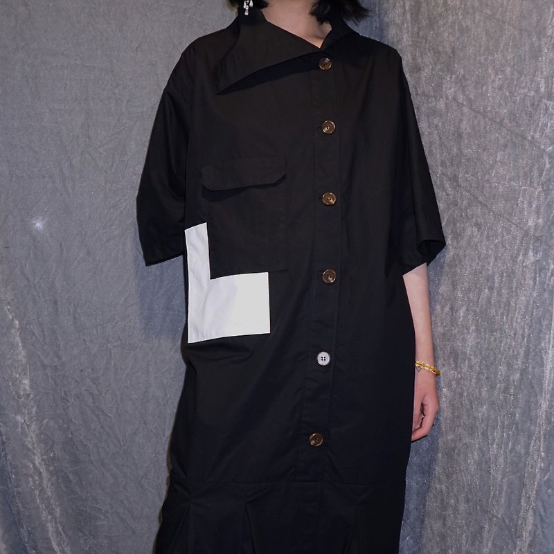 P.YELLOW | Spring and summer black irregular collar shirt dress - One Piece Dresses - Cotton & Hemp Black