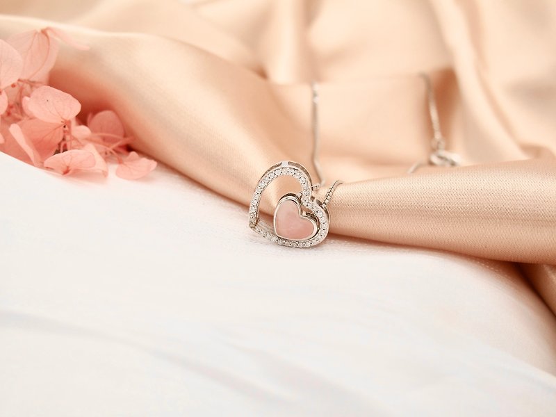 Pink Rose Quartz and CZ with Sterling Silver, 2-in-1 Combination Heart Necklace - สร้อยคอ - เครื่องเพชรพลอย สึชมพู