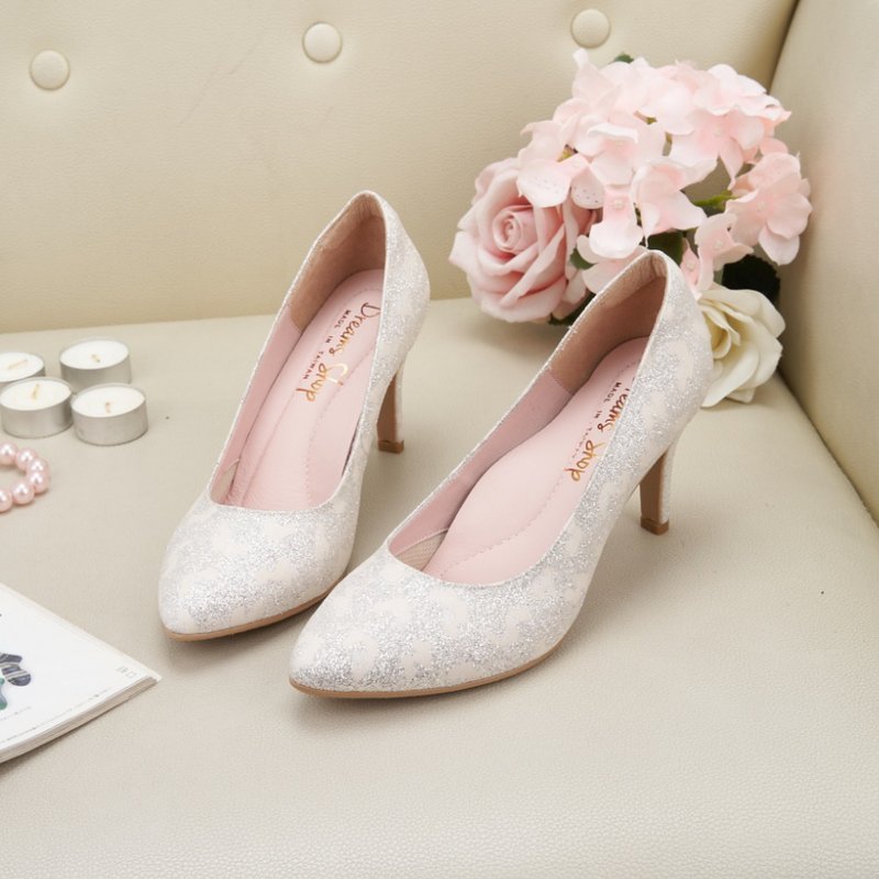 Fantasy starry sky pointed toe air cushion wedding shoes high heels beige - รองเท้าส้นสูง - เส้นใยสังเคราะห์ ขาว