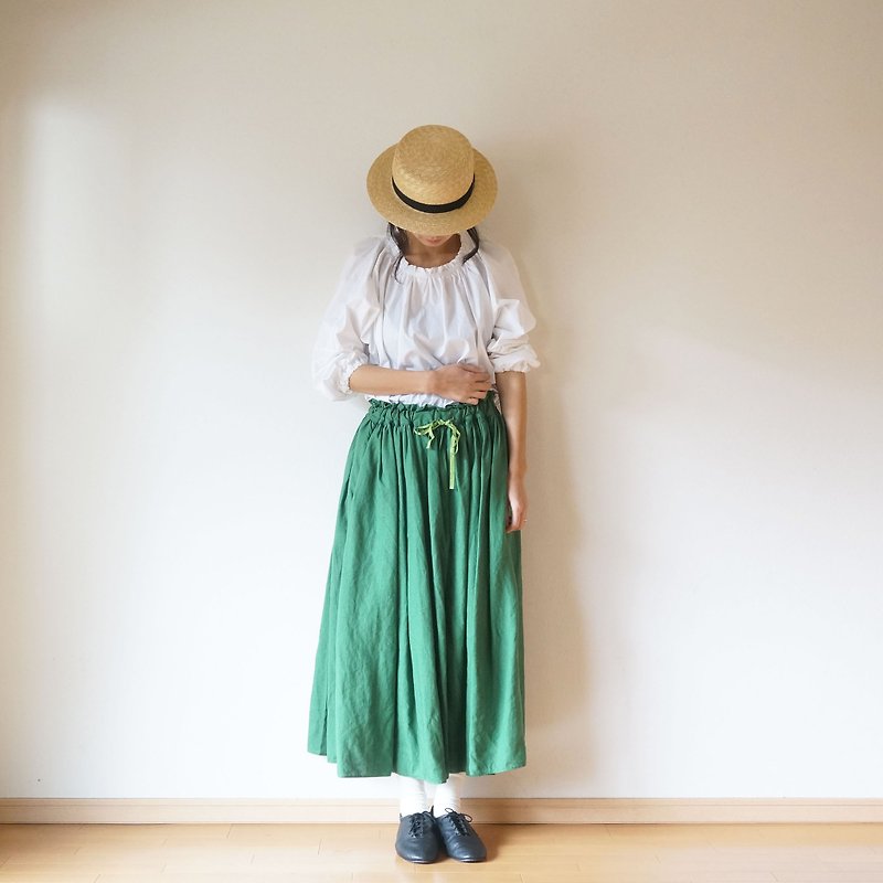 Linen waist gather skirt GREEN - กระโปรง - ผ้าฝ้าย/ผ้าลินิน สีเขียว