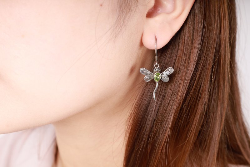 Sterling Silver Dragonfly Polka Dot Wing Earrings-Green - ต่างหู - เงินแท้ 