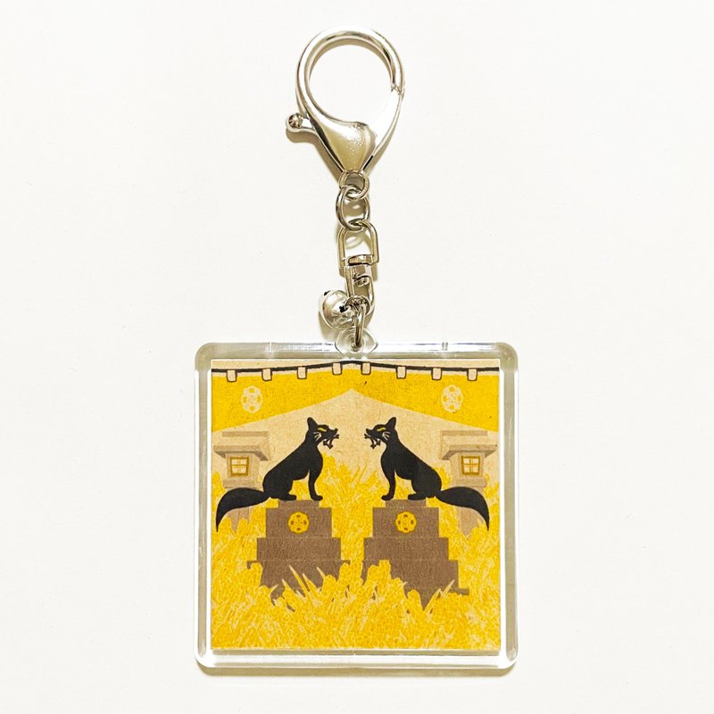 Black Koma Fox and Honami Keychain Square Type Ring Bell 2way Strap Fox Wedding Fox Mask Koma Fox - Keychains - Plastic Yellow