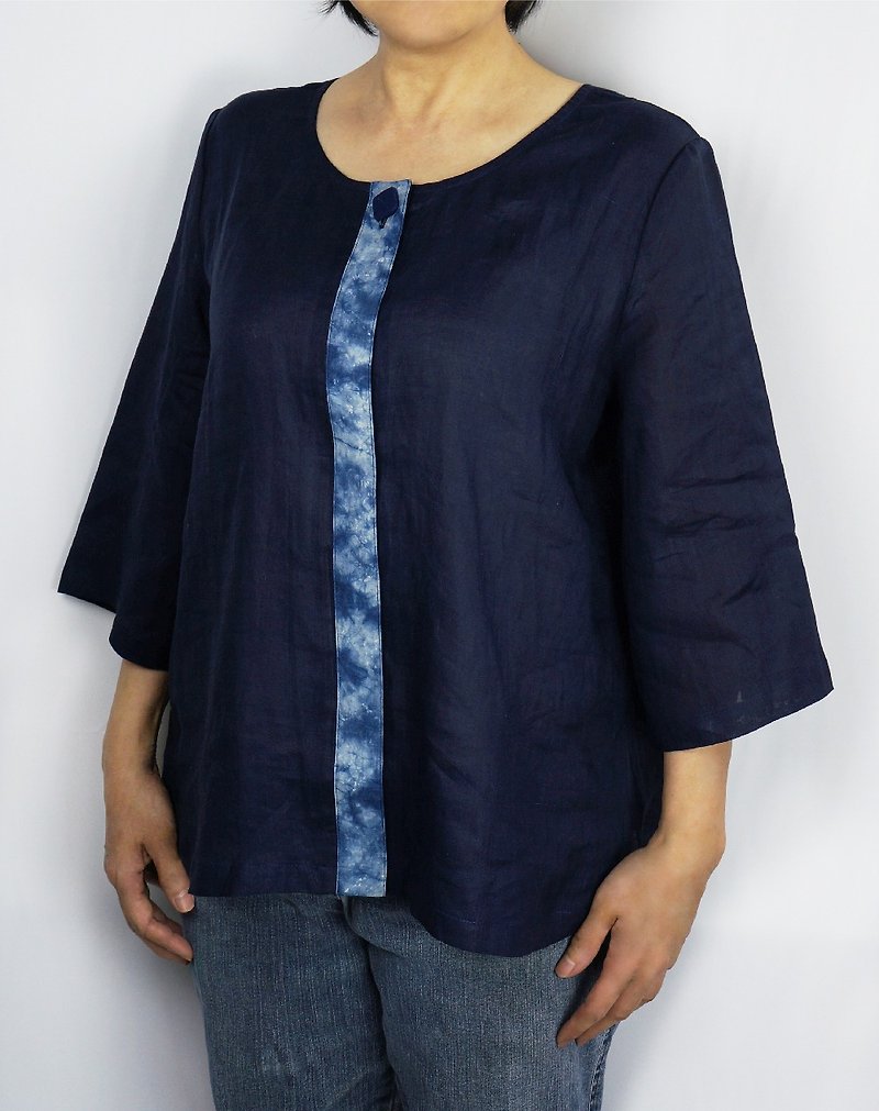 Takuya Inai Dye-Indigo Dye Front Patch Top - Women's Tops - Cotton & Hemp Blue