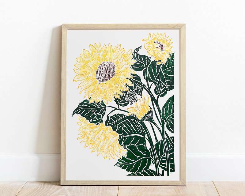 Linocut print Yellow green sunflower art Original artwork Botanical wall art