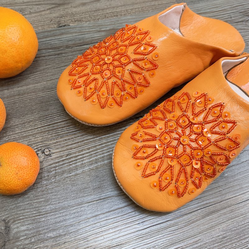 摩洛哥 babouche 室內拖鞋 珠串刺繡 血橙 - 室內拖鞋 - 真皮 橘色