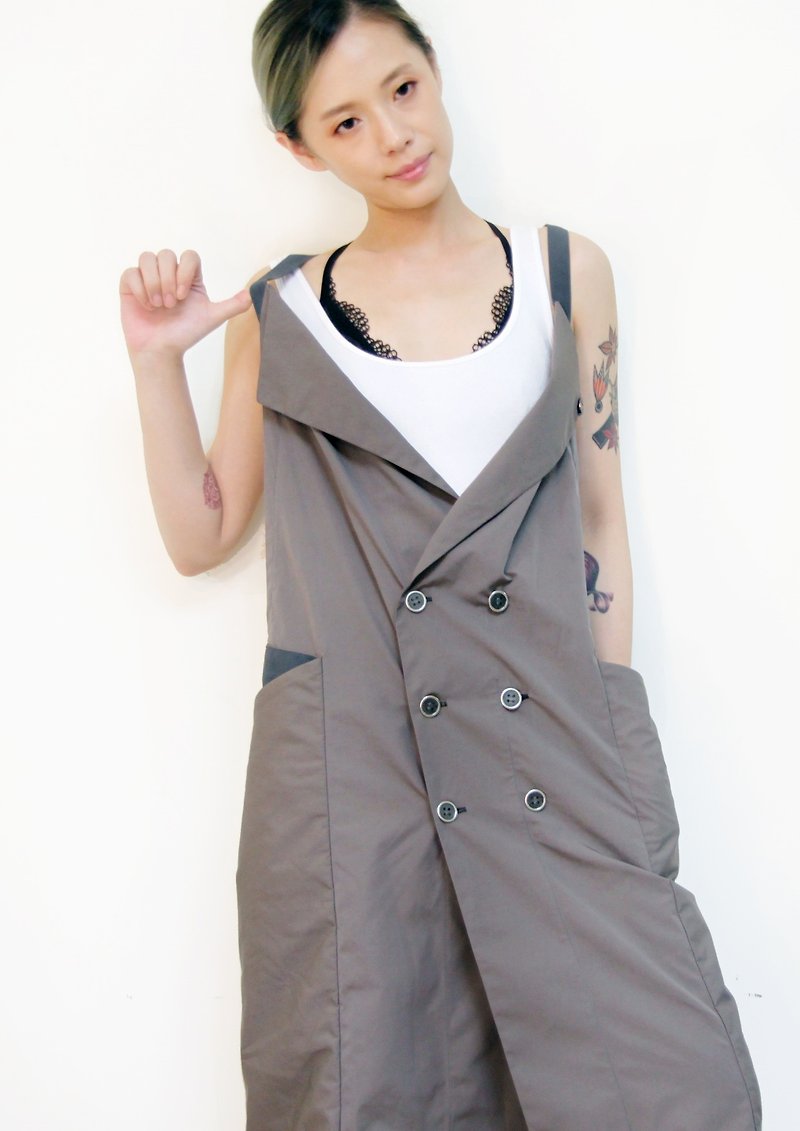 Double-breasted tunic windbreaker apron - One Piece Dresses - Other Materials Khaki
