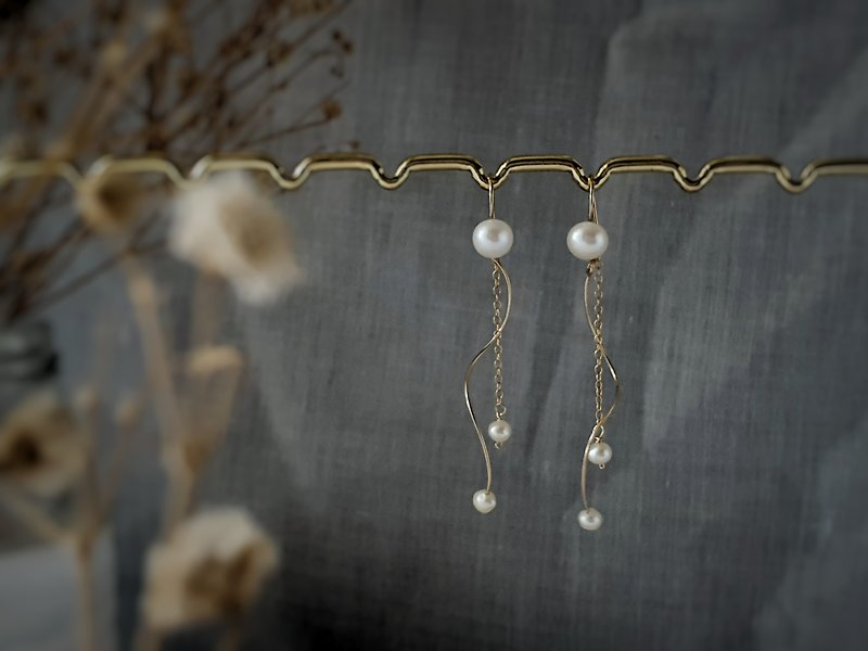 14KGF French Hook 3 Pearl Tassel Long Drop Earrings, June Birthstone - Earrings & Clip-ons - Pearl White