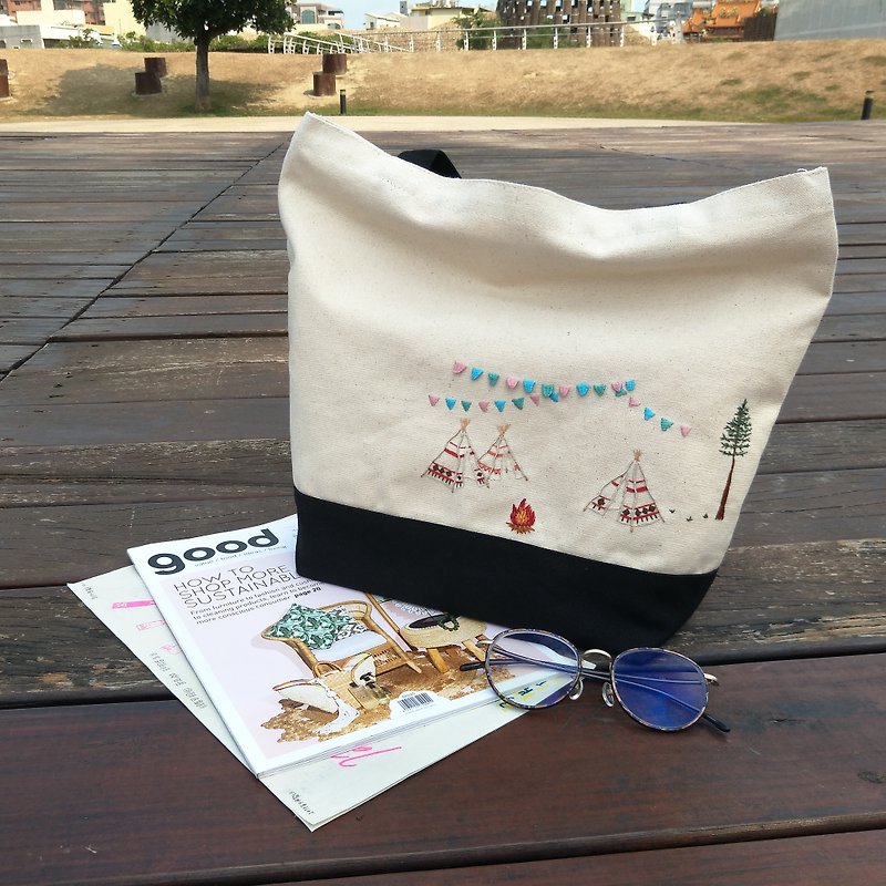 Camping | Embroidery Stitched Canvas Bag | Shoulder Tote Bag - Handbags & Totes - Thread Multicolor