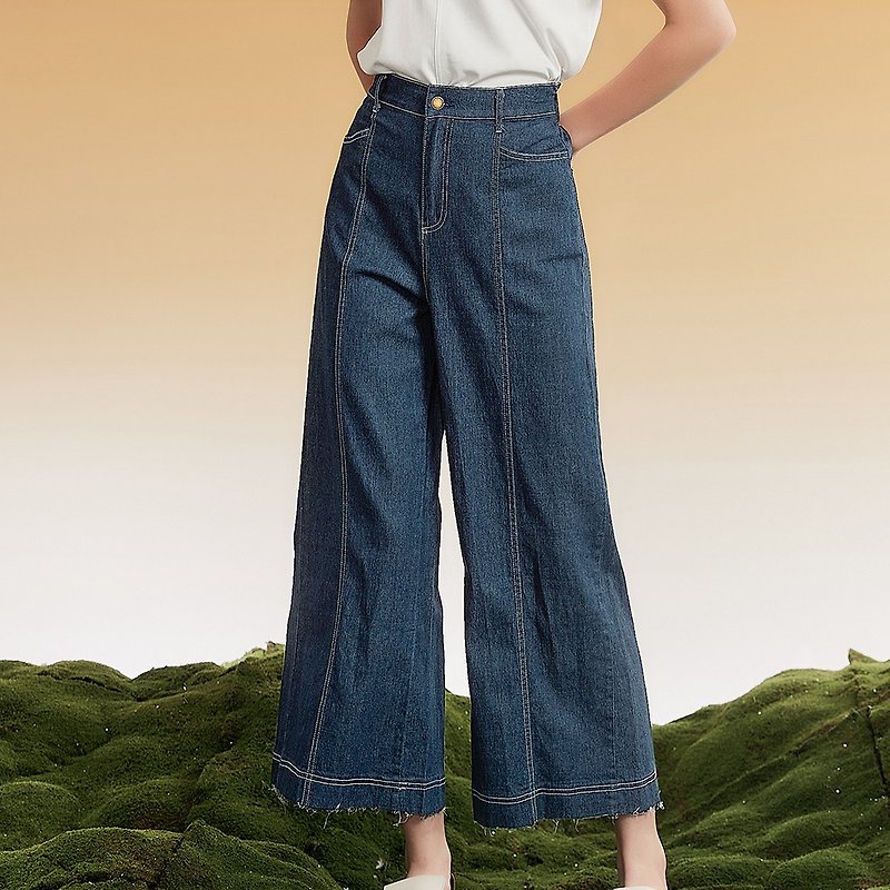 OUWEY Ouwei's willful ultra-slim tangent denim cropped wide pants (dark blue) 3232438631 - Women's Pants - Cotton & Hemp 
