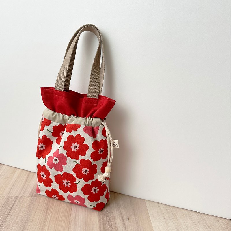 【River】Two-purpose bag with drawstring top (medium)/Japanese fabric/Flower/Red - Handbags & Totes - Cotton & Hemp Red