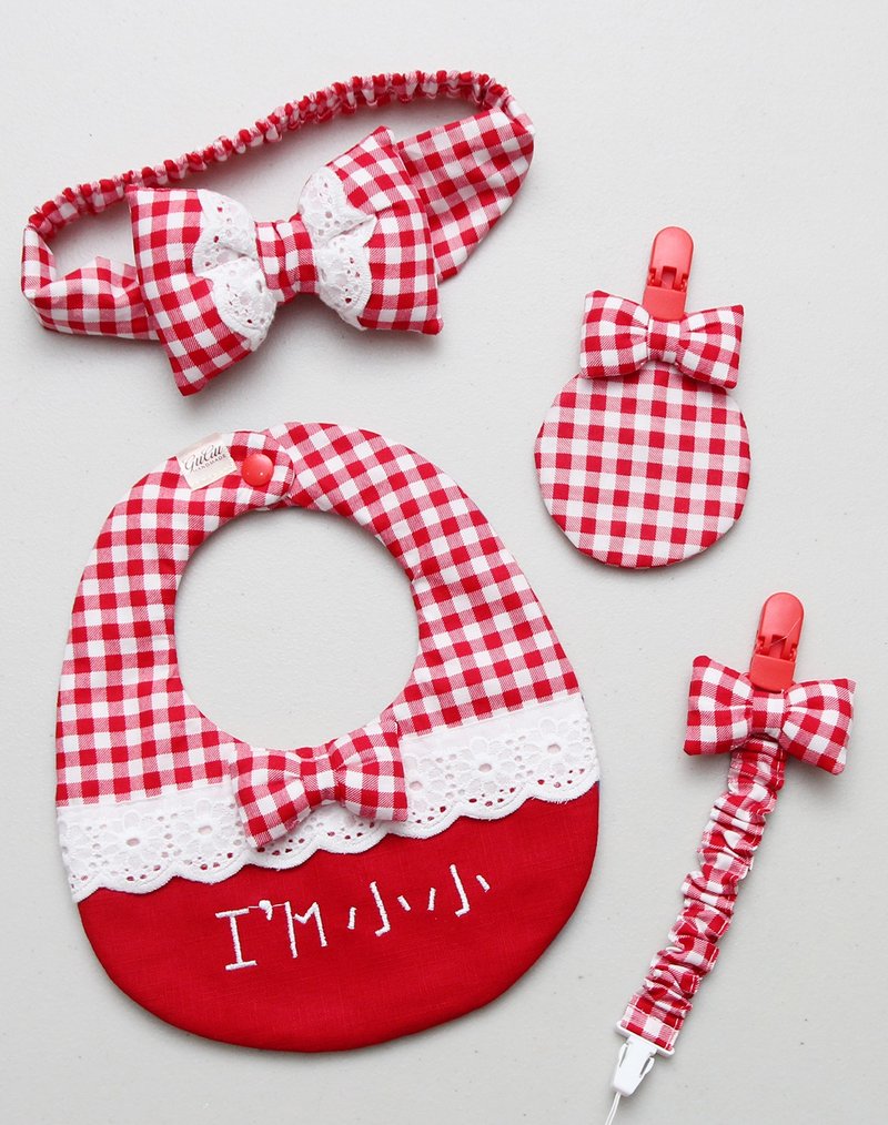 Red Plaid Lace Round Pocket Headband, Peaceful Blessing Bag, Pacifier Chain, Moon Gift Box - ของขวัญวันครบรอบ - ผ้าฝ้าย/ผ้าลินิน 