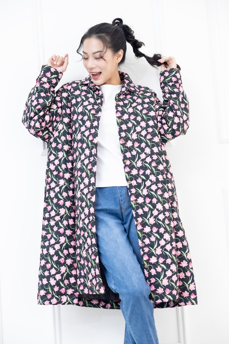 粉紅花朵印花立領外套 黑色 - 女大衣/外套 - 其他材質 黑色