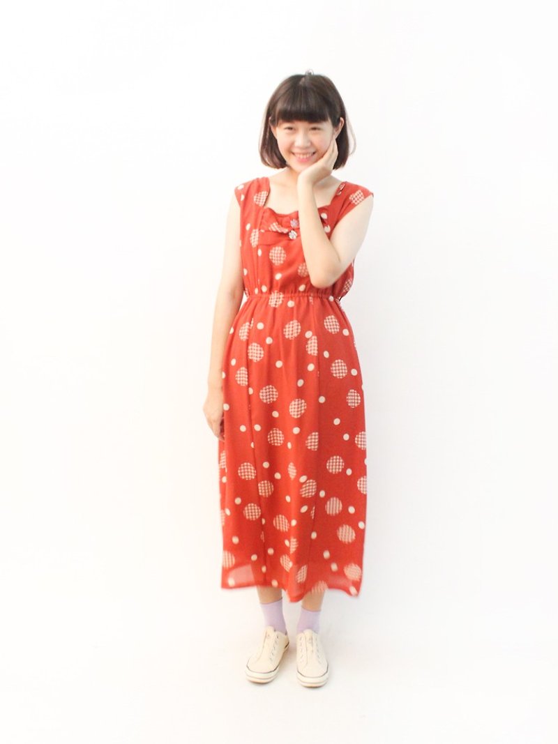 Vintage Childlike Cute Big Dots Brick Orange Red Loose Sleeve Vintage Dress Vintage Dress - ชุดเดรส - เส้นใยสังเคราะห์ สีแดง