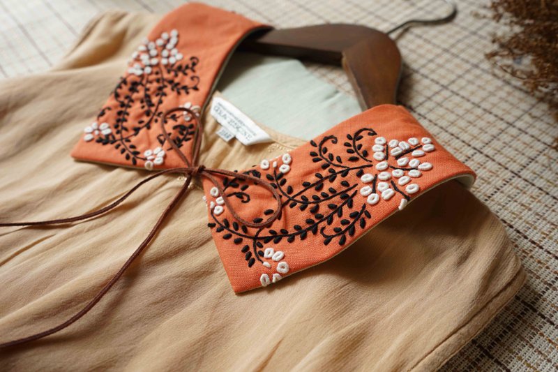 Handmade - Handmade double-sided Peter Pan collar piece - bright orange - three-dimensional leaf embroidery - Bow Ties & Ascots - Cotton & Hemp Orange