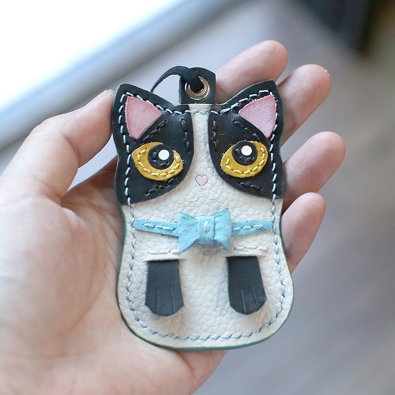 Cat - Mercedes Black and White Cat Handmade Leather Charm - Charms - Genuine Leather Black