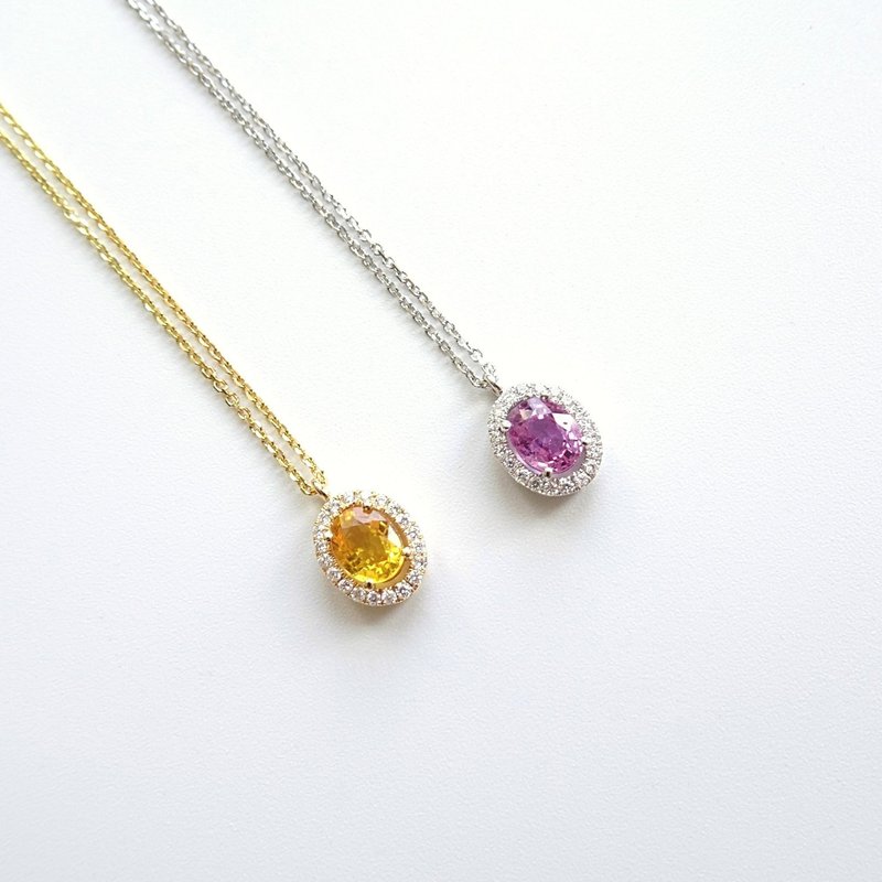 Natural Pink Yellow Sapphire Oval Cut Diamonds Halo Pave 18K Solid Gold Necklace - สร้อยคอ - เครื่องเพชรพลอย หลากหลายสี