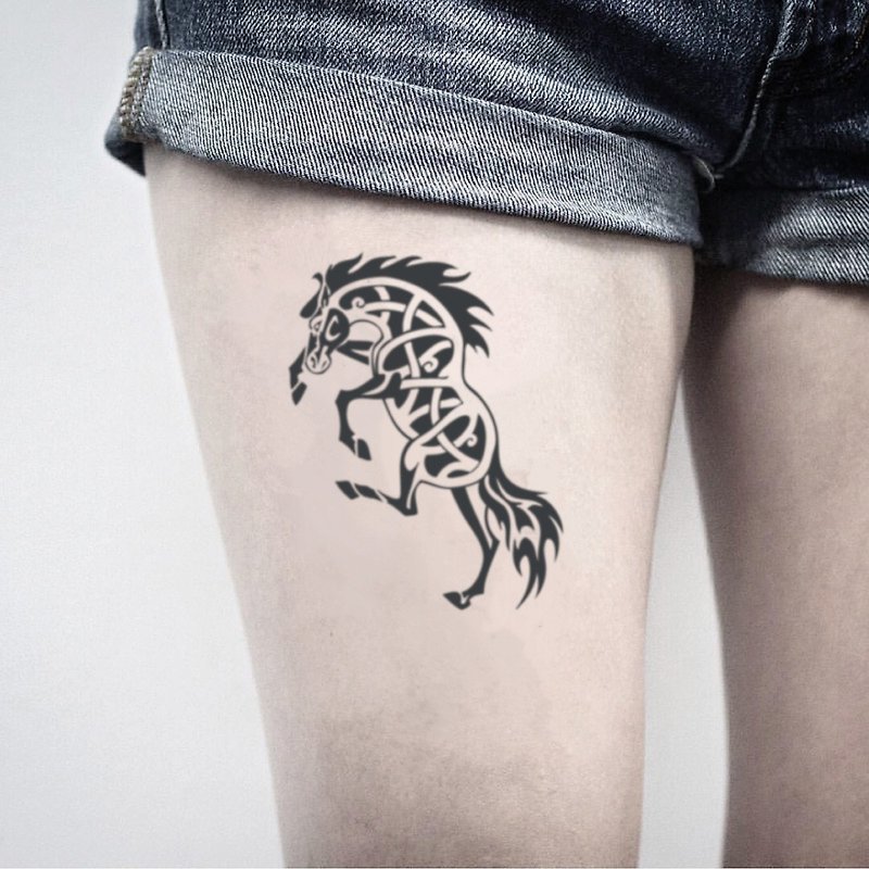 OhMyTat 凱爾特人馬 Celtic Horse 刺青圖案紋身貼紙 (2 張) - 紋身貼紙 - 紙 黑色