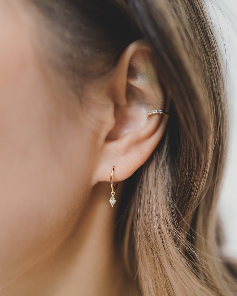 Diamond CZ Drop Huggie Earrings - 14k gold - 925 sliver - cubic zirconia - Earrings & Clip-ons - Gemstone Gold