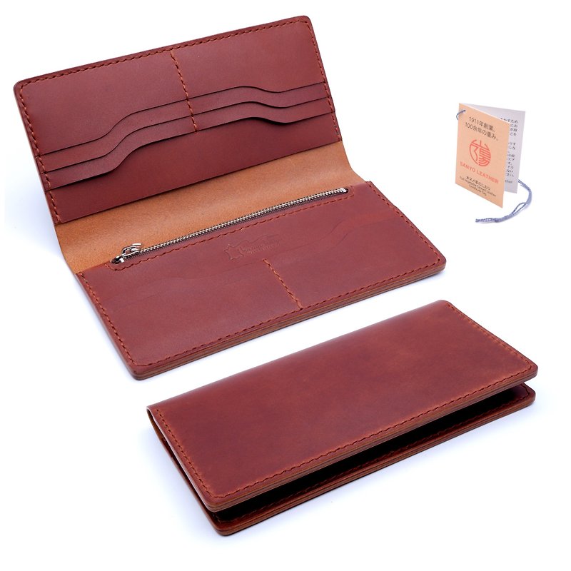 真皮 長短皮夾/錢包 咖啡色 - Bi-fold long wallet with coin purse Brown Himeji leather genuine leather