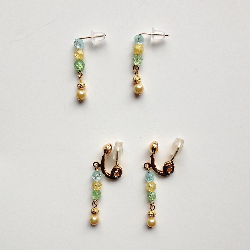 14kgf Crack Crystal and Vintage Pearl's Pain-Free Bar Earring / sax - Earrings & Clip-ons - Gemstone Pink