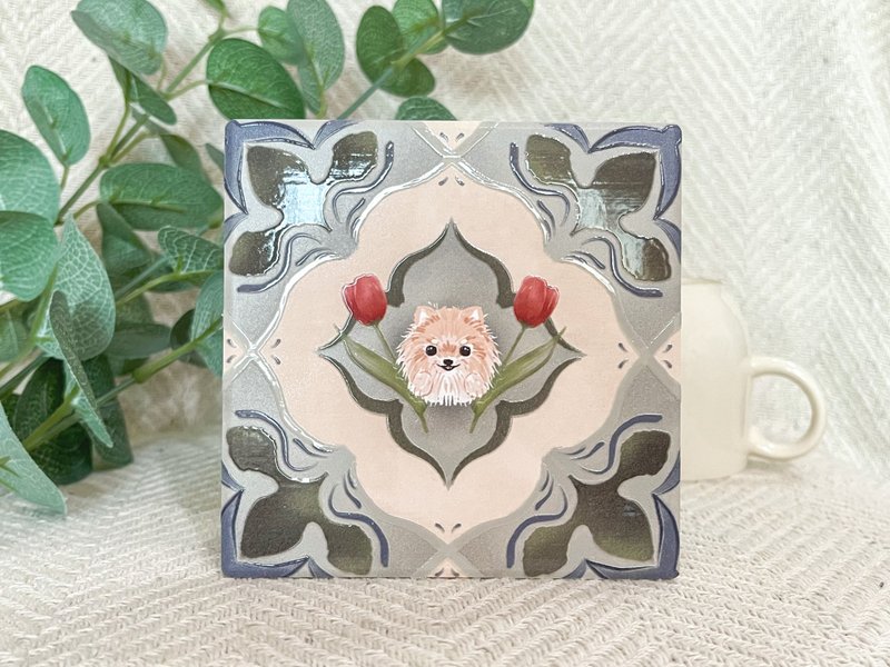 Tile peek-a-boo coaster Pomeranian | Wedding souvenir Yingge ceramic three-dimensional pattern wooden gift box - ที่รองแก้ว - ดินเผา หลากหลายสี