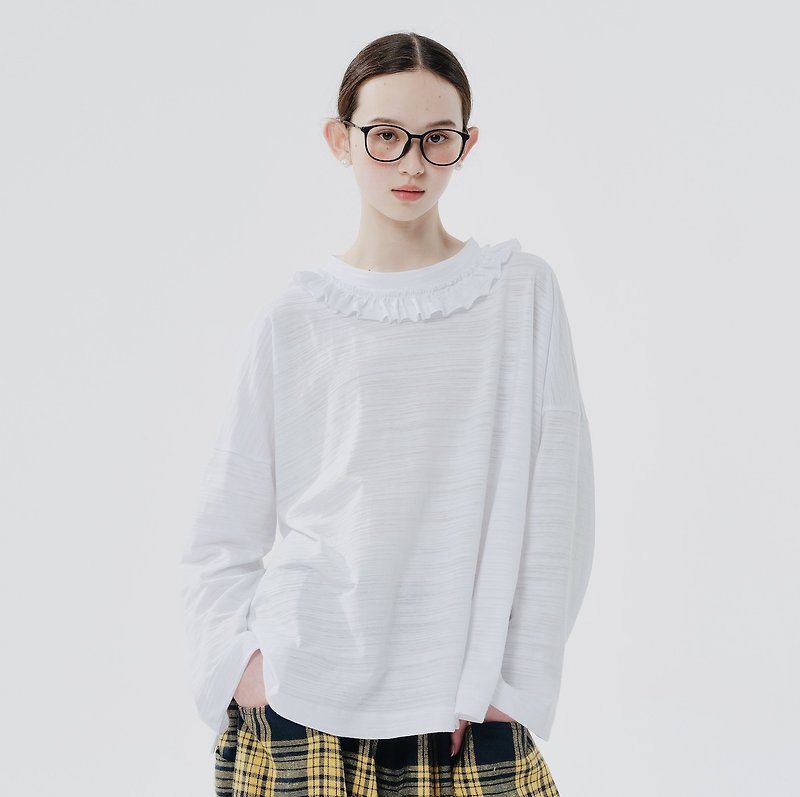 White slub cotton trim collar long-sleeved top - เสื้อยืดผู้หญิง - ผ้าฝ้าย/ผ้าลินิน ขาว