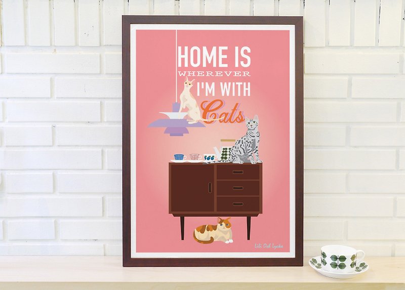 Original Nordic retro minimalist poster Home is wherever I'm with Cats without frame - โปสเตอร์ - กระดาษ สึชมพู