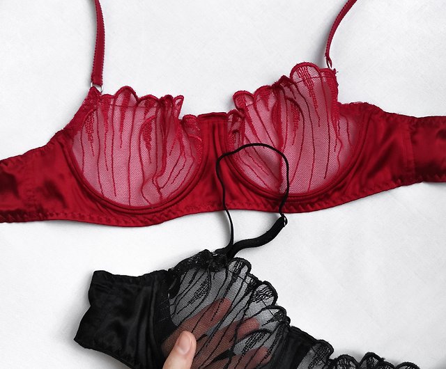 Natural silk lingerie set - Sheer lace bra and panties - Sexy silk